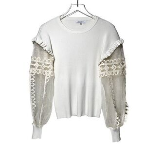 Sioni Crew Neck Eyelet Ruffle Organza Balloon Sleeve Pullover Sweater in Cream